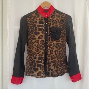 Black & Leopard Print Sheer Blouse with Red Accents